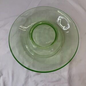 Vintage Uranium Green Glass Rolled Edge Console Bowl Centerpiece Art Deco Glows